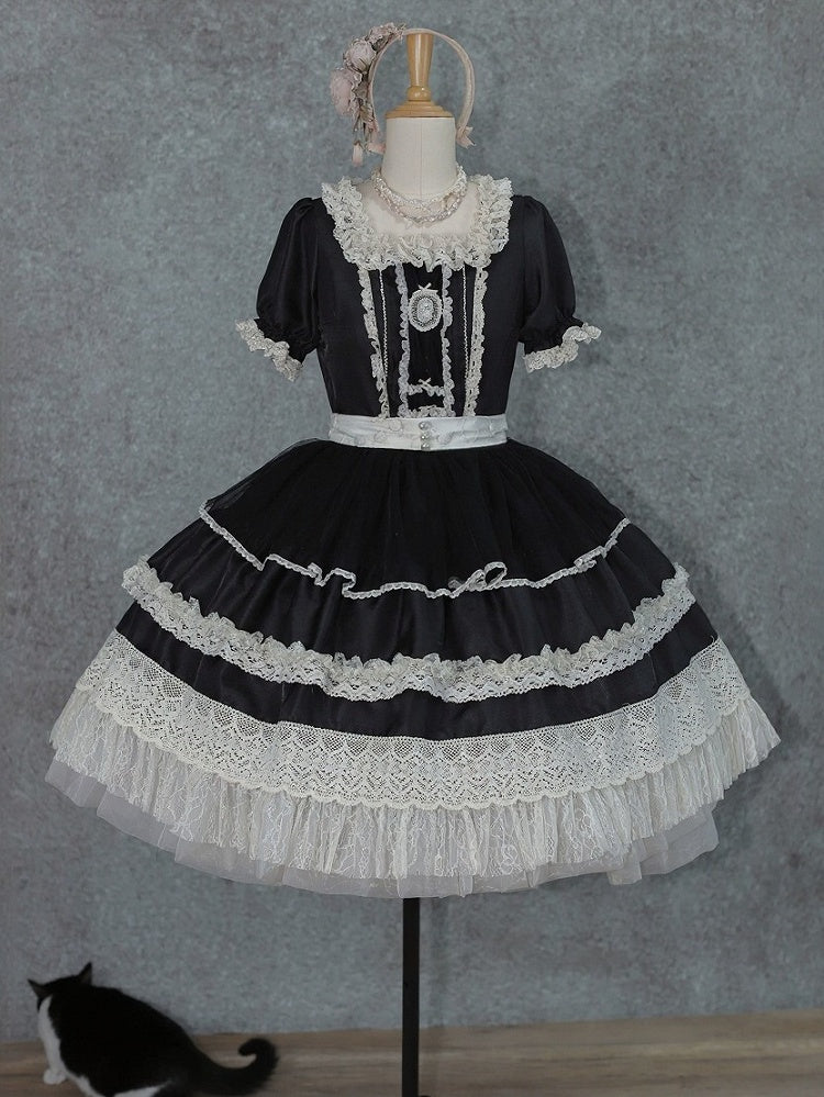 Black Square Neck Lace OP Dress with Bow - Tiny Garden