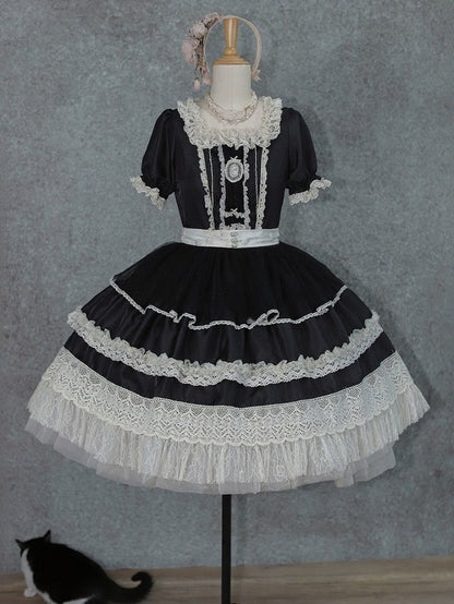 Black Square Neck Lace OP Dress with Bow - Tiny Garden