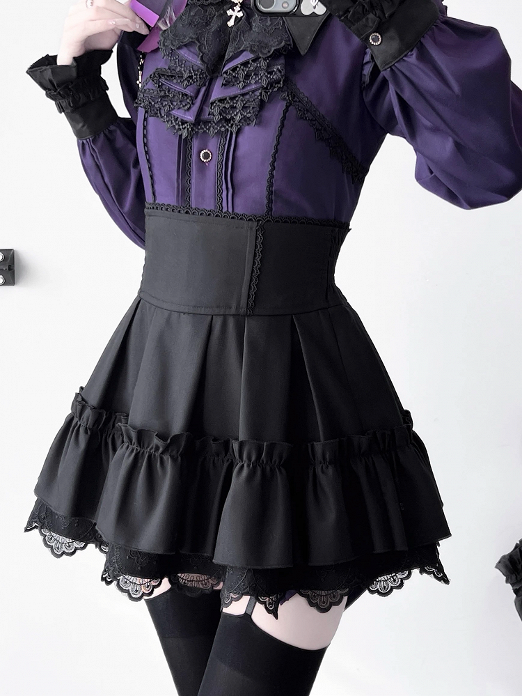 Lace Kei Jirai with Edging Black Skirt Waist Cross High