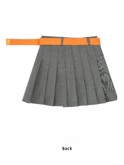 Gray Pleated Skirt With Orange Belt