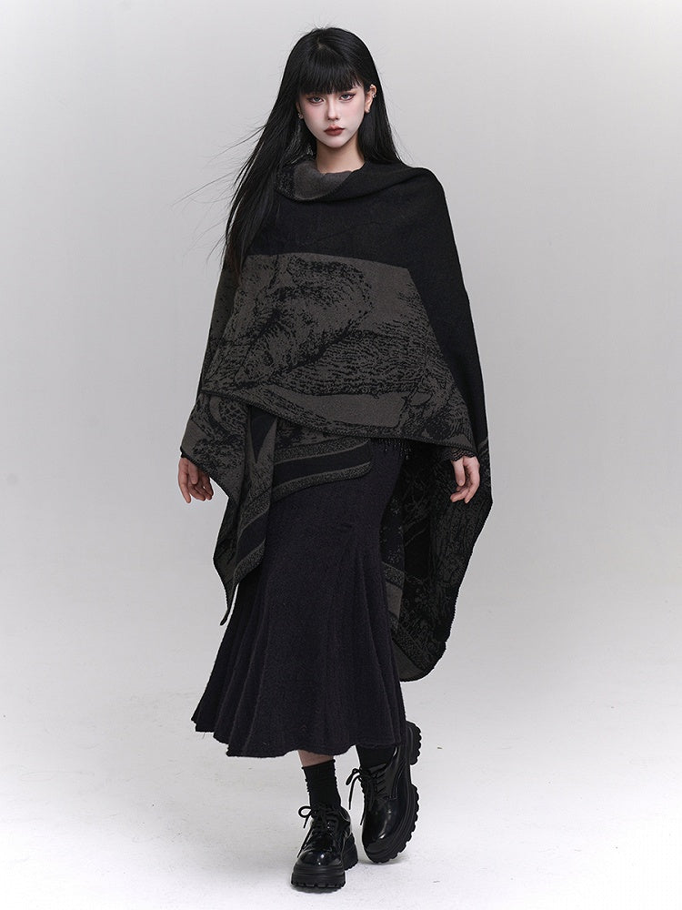 Ethnic Illustration Gothic Black Gray Poncho