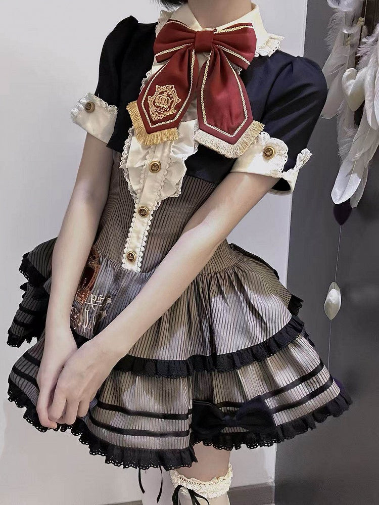Monochrome Preppy Striped Two-Piece Gown with Crown Embroidery - Fairy Faith