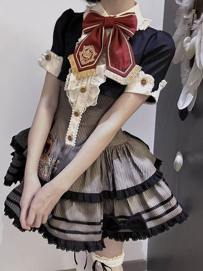 Monochrome Preppy Striped Two-Piece Gown with Crown Embroidery - Fairy Faith