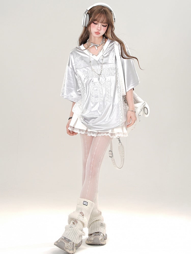 Grau/schwarzes sportliches T-Shirt mit V-Ausschnitt und Spitzen-Patchwork