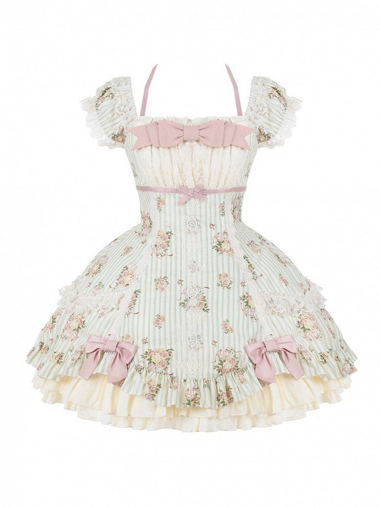 Striped Lace Dress with Floral Print in Green and Pink - With PUJI