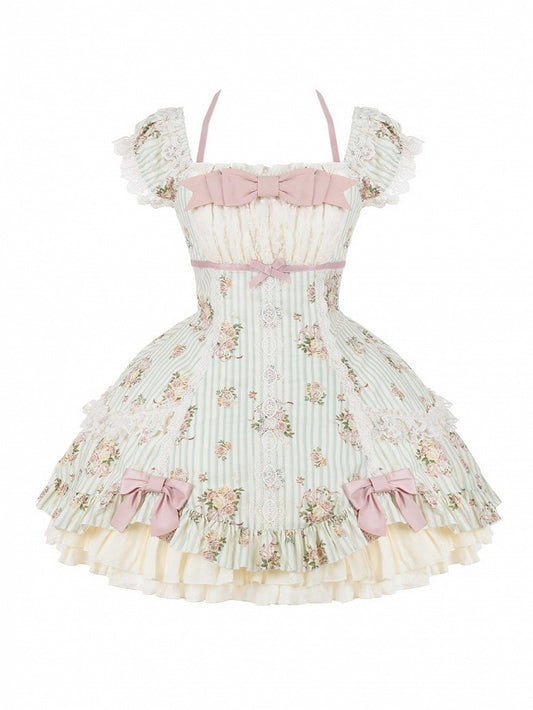 Striped Lace Dress with Floral Print in Green and Pink - With PUJI
