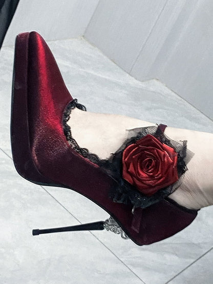 Satin Red Toe Floral High Decorated Heels Pointed Gothic