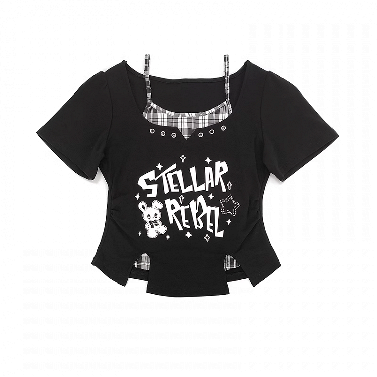 Y2K T-Shirt mit schwarzem Print, rosa/schwarz, zweiteilig, weißer Hase