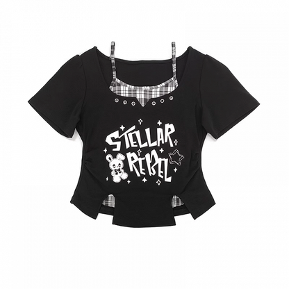 Y2K T-Shirt mit schwarzem Print, rosa/schwarz, zweiteilig, weißer Hase