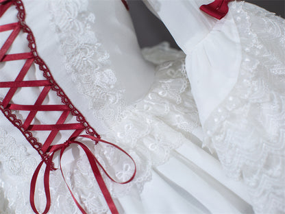 Weiß und Weinrot Schnürung Schleife Akzente Spitzenbesatz Süßes Prinzessinnenkleid Lolita Pulloverrock
