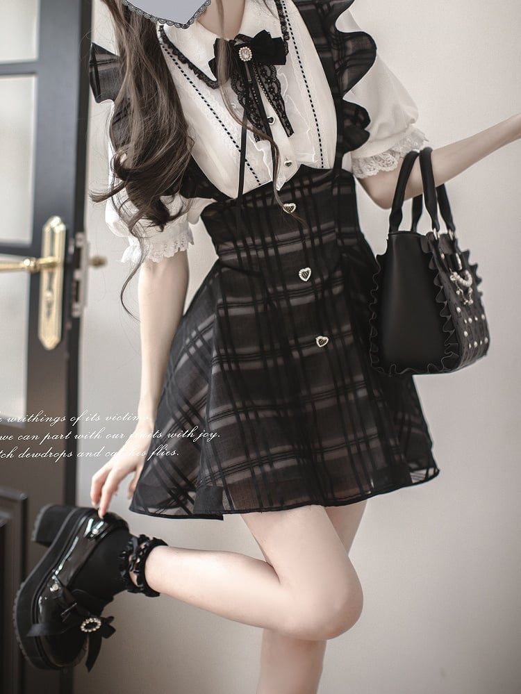 Lace Bow Tie with Rhinestone Decoration Jirai Kei Black