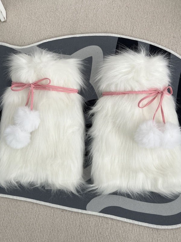 Faux Fur Pompom Ribbon Bow Leg Warmers 3-Color - Two Bear Pink