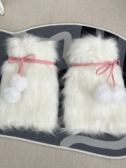 Faux Fur Pompom Ribbon Bow Leg Warmers 3-Color - Two Bear Pink
