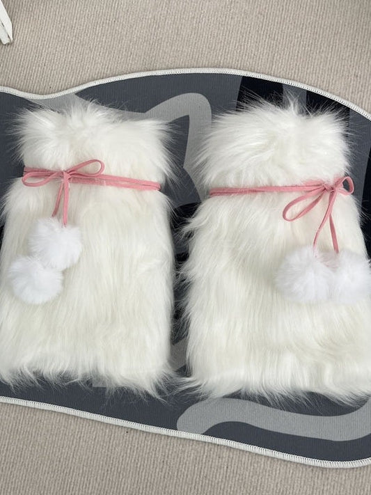 Faux Fur Pompom Ribbon Bow Leg Warmers 3-Color - Two Bear Pink