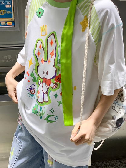 Tシャツ ホワイト ラウンドネック ゆったり 漫画 ウサギ プリント