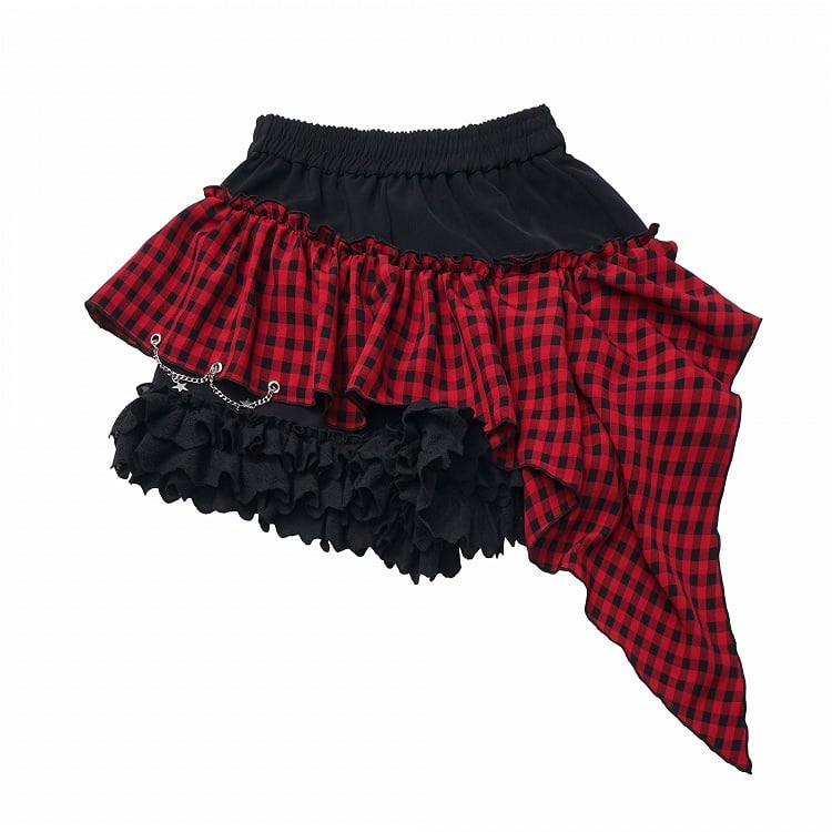 Tiered Handkerchief Y2K and Hem Black Skort with Star Red Plaid Chain