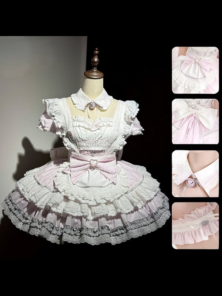 Maid Lolita Dress in Sweet Pink & White, Puff Sleeves, Flounced Skirt & Lace - Mewroco