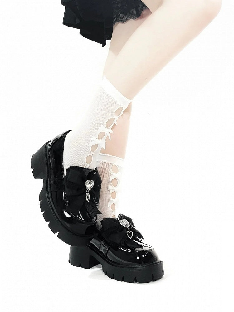 Polished 6cm Jirai with Black Loafers Rhinestone Sweetheart Bow Platform in Kei Heel
