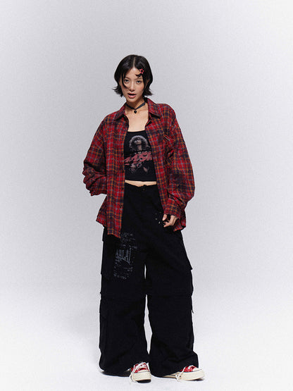 Cargo Vintage + Wide-Leg with Text Print Star Black Pants