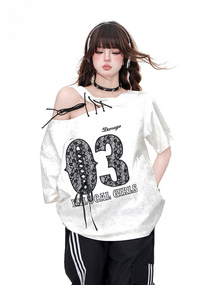 Black/White Cutout Shoulder Letter T-Shirt Lace-up Detail at Shoulder