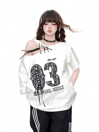 Black/White Cutout Shoulder Letter T-Shirt Lace-up Detail at Shoulder
