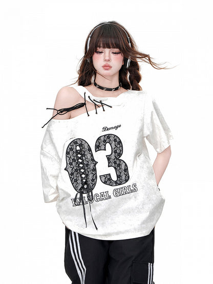 Lace-up Black/White Cutout Shoulder Letter Embroidery T-Shirt Shoulder Detail at