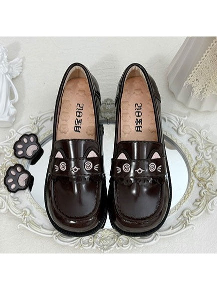 Dark Brown Kawaii School Square Toe Shoes with Cat Theme Design - Moon Baby Diary