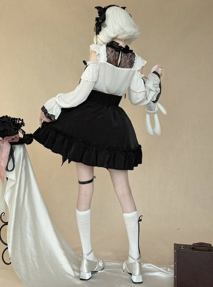 Ebon High-Waist Skirt with Bow Accents in Jirai Style - AMAHAKAWA