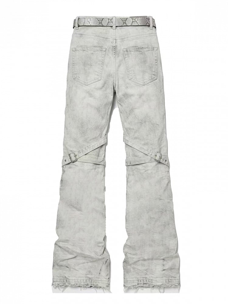 Vintage Batik Distressed Slim Fit Flared Jeans with Strap Accents - Nova nexus