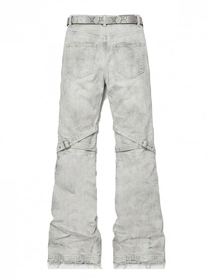 Vintage Batik Distressed Slim Fit Flared Jeans with Strap Accents - Nova nexus