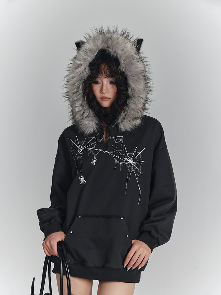 Fur Faux Trim Hoodie Cat with Ear Gray Spiderweb Punk Dark Print