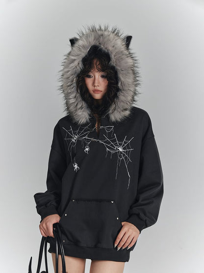 Fur Faux Trim Hoodie Cat with Ear Gray Spiderweb Punk Dark Print