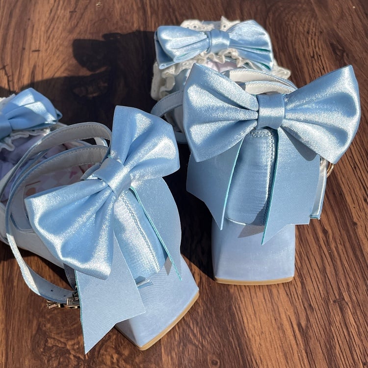 Blue Satin Mid-Heel Mary Janes with Bow Lace & Ice Cream Snap Decor - LU XIAO MAN