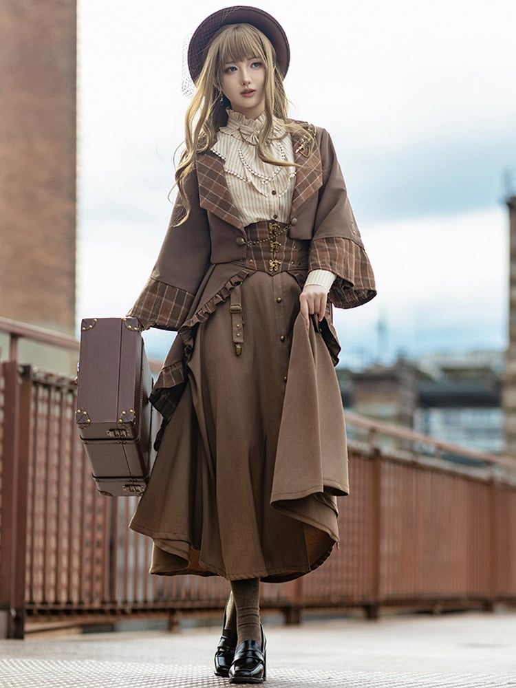 Schleppe Saum Braun Rüschen Plaid Dunkel Muster Steampunk