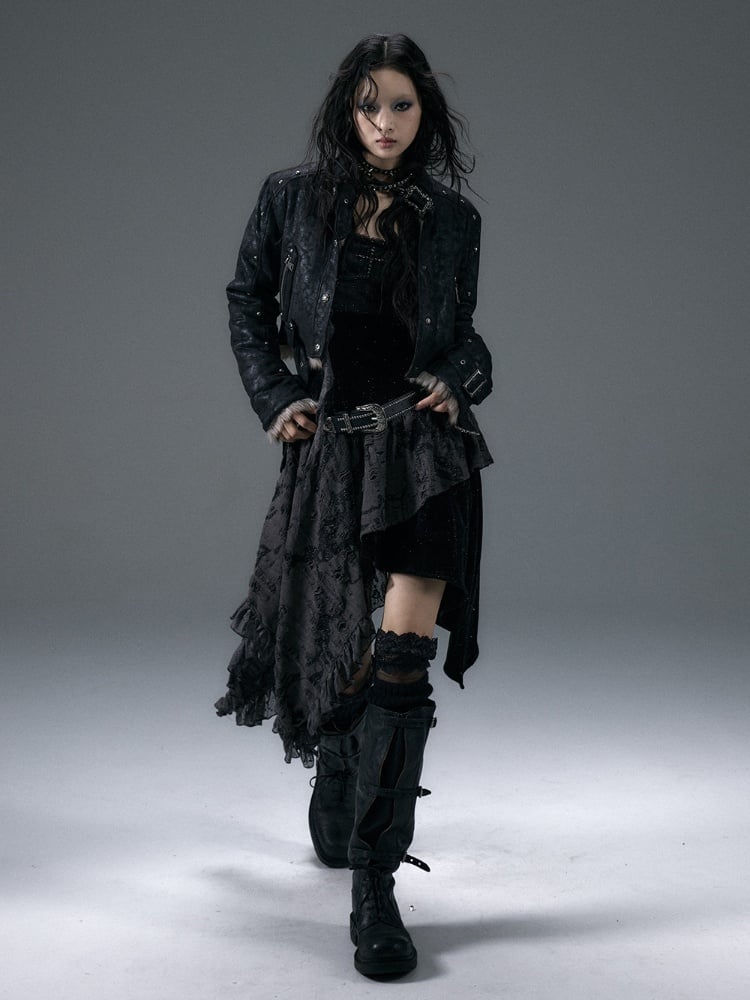 バックル＆スタッズ ブラック リバーシブル レオパード シャギー ジャケット