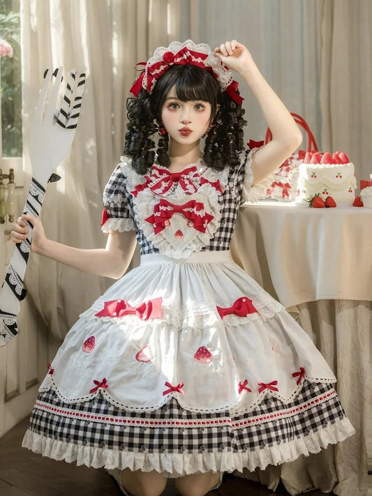 Sleeves Gingham Lolita Dress Strawberry Sweet Print with Puff Black White