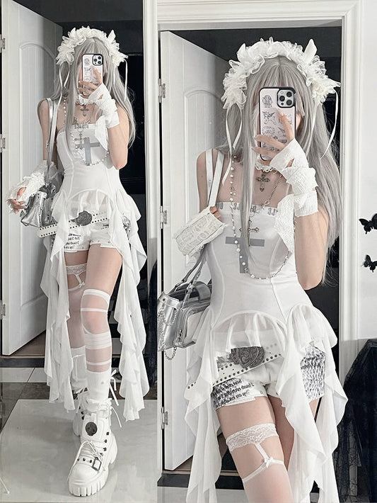 White Cross Print Asymmetrical Flounce Strapless Top Hem Glamorous