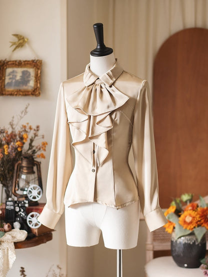 Shirt Satin Elegant Tie Sleeves with Jabot Apricot Fitted Long