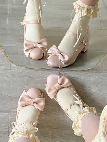 PU Silk Sakura Pink Elegant Lolita Mid-heel Mary Janes with Bow Accent & Circular Snap Closure