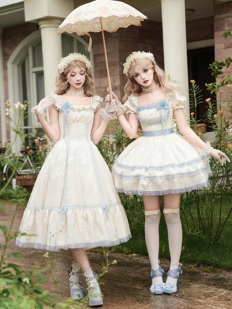 Light and Beige Dress Blue Lace Lolita Puff Square Trims Sleeves Short Neckline