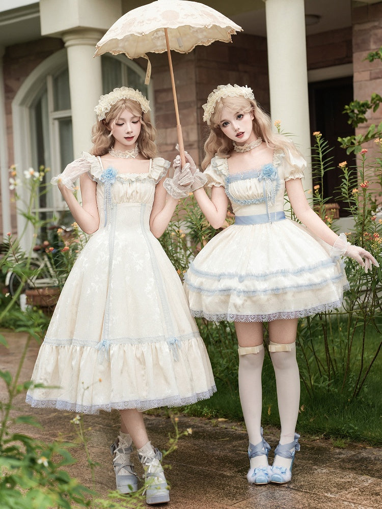Schmale beige Taille, hellblauer Lolita-Kleidausschnitt und vielseitige Passform