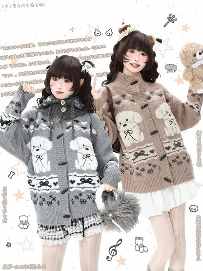 Brown/Grey with Toggle Pattern Buttons Daily Puppy Cardigan Coffee Kawaii