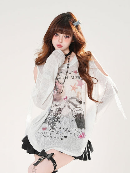 カットアウトセミシースルーショルダーキュートカバーアップブルー/ホワイトキティプリント