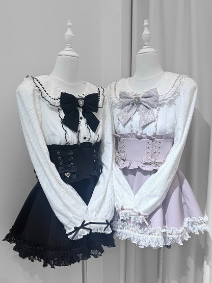Pink and White Landmine Lace Peter Pan Collar Long Sleeve Blouse with Bow Tie - shirohato