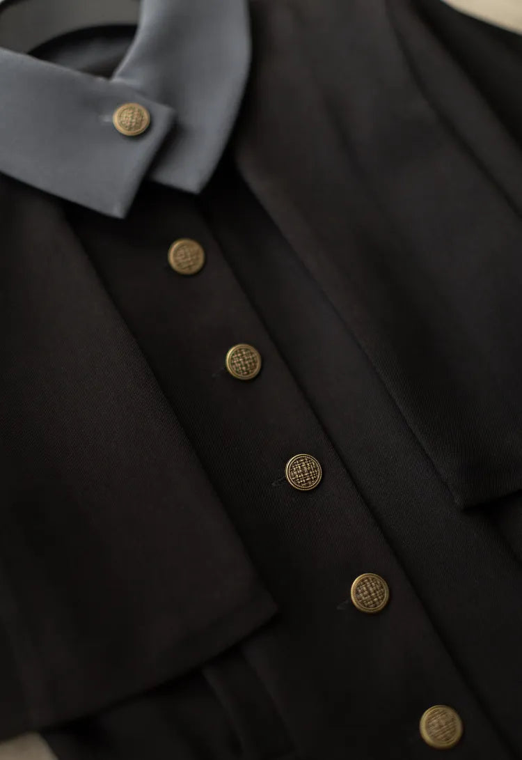 Black Design Fashion Placket Retro Buttons Dress Elegant Cape Detachable Front Bronze-tone