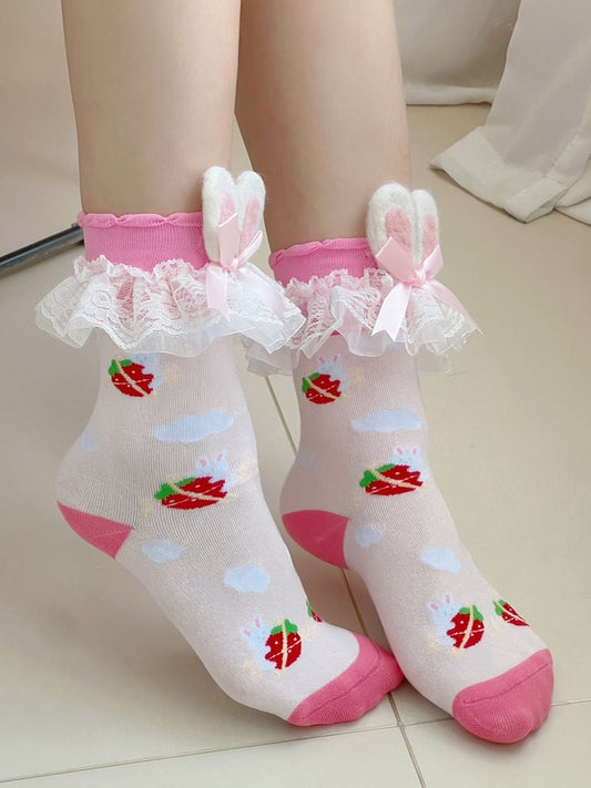 Pink Sweet Lolita Strawberry Print Bunny Ears Lace Trim Socks