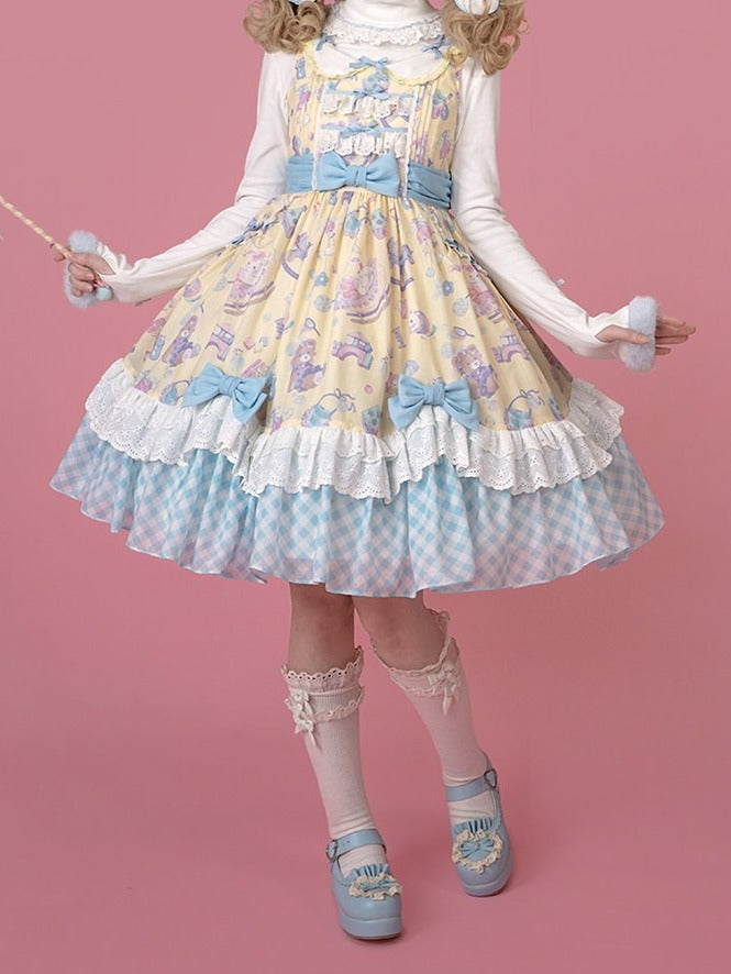 Adorable Lolita JSK Gown in Yellow and Blue with Lace Trim Detail - Vcastle