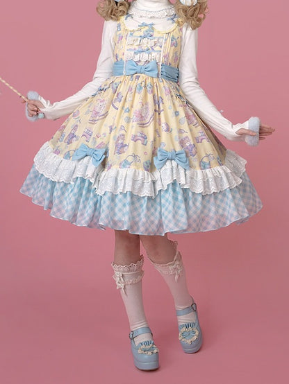 Adorable Lolita JSK Gown in Yellow and Blue with Lace Trim Detail - Vcastle
