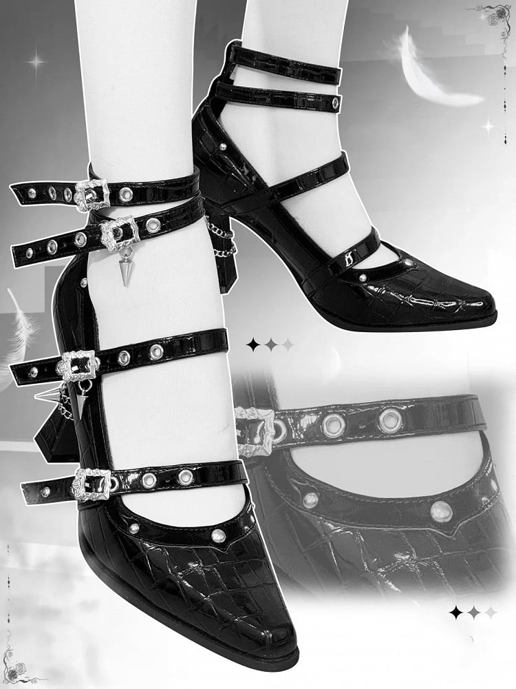 in Schnalle Leder Faux Poliert 8,5 cm Gothic Heel Hohe Krokodil Mehrere Heels Riemen mit Schwarz