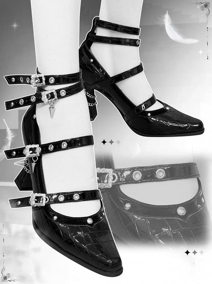 in Schnalle Leder Faux Poliert 8,5 cm Gothic Heel Hohe Krokodil Mehrere Heels Riemen mit Schwarz